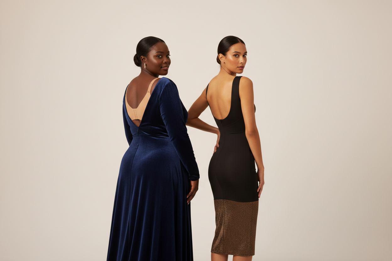 backless dress solutions What to Wear Under a UK (2026) — 6 That Actually Work – Fashion Couture luxury dress Stretch velvet etc western 2025 womens wear Primary colour:Red