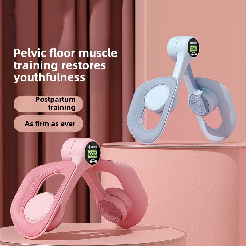 Pink and gray pelvic floor muscle training devices on a pink background with text about their benefits.