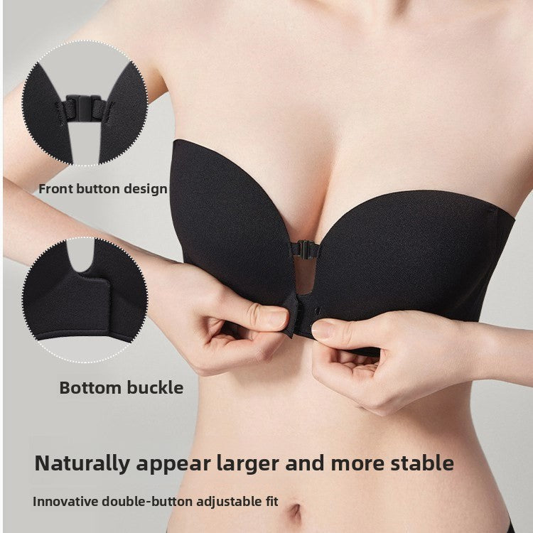 Woman wearing a white front buckle strapless push-up bra that stays securely in place