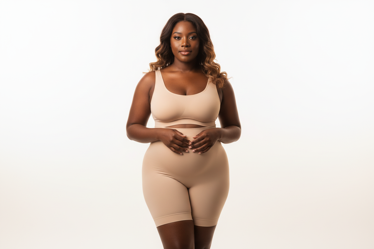 Woman wearing postpartum faja colombiana abdominal support shapewear after birth – postpartum recovery guide UK 2026