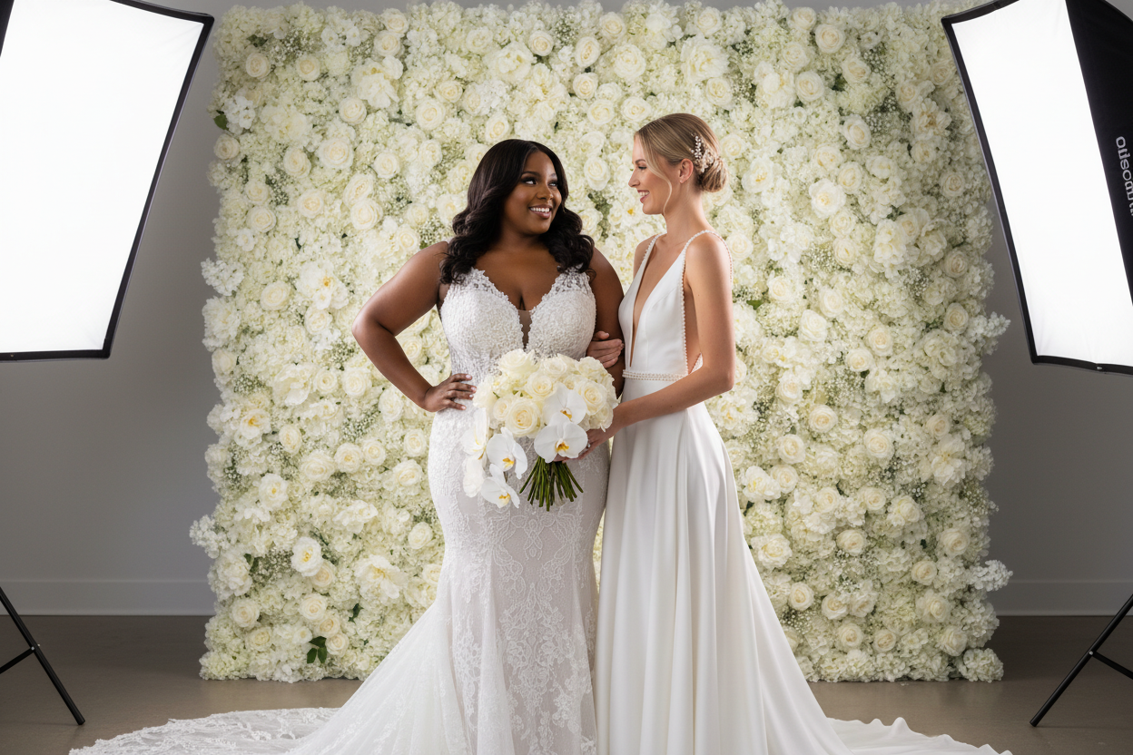 Black curvy bride and white slim bride in elegant wedding gowns — Fashion Couture UK wedding shapewear guide
