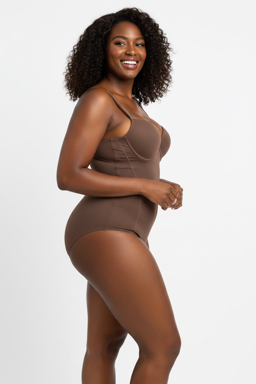 Woman wearing seamless shapewear bodysuit with smooth silhouette under clothing