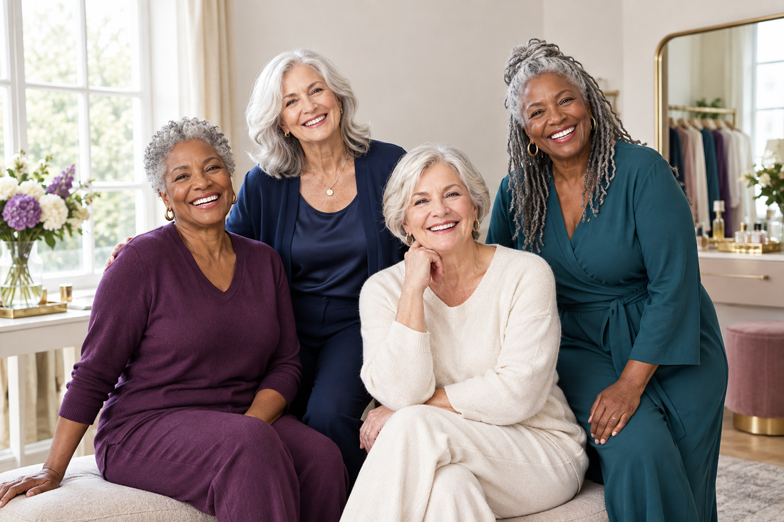 Four smiling mature women, two Black and two white, wearing stylish outfits in a bright dressing room.