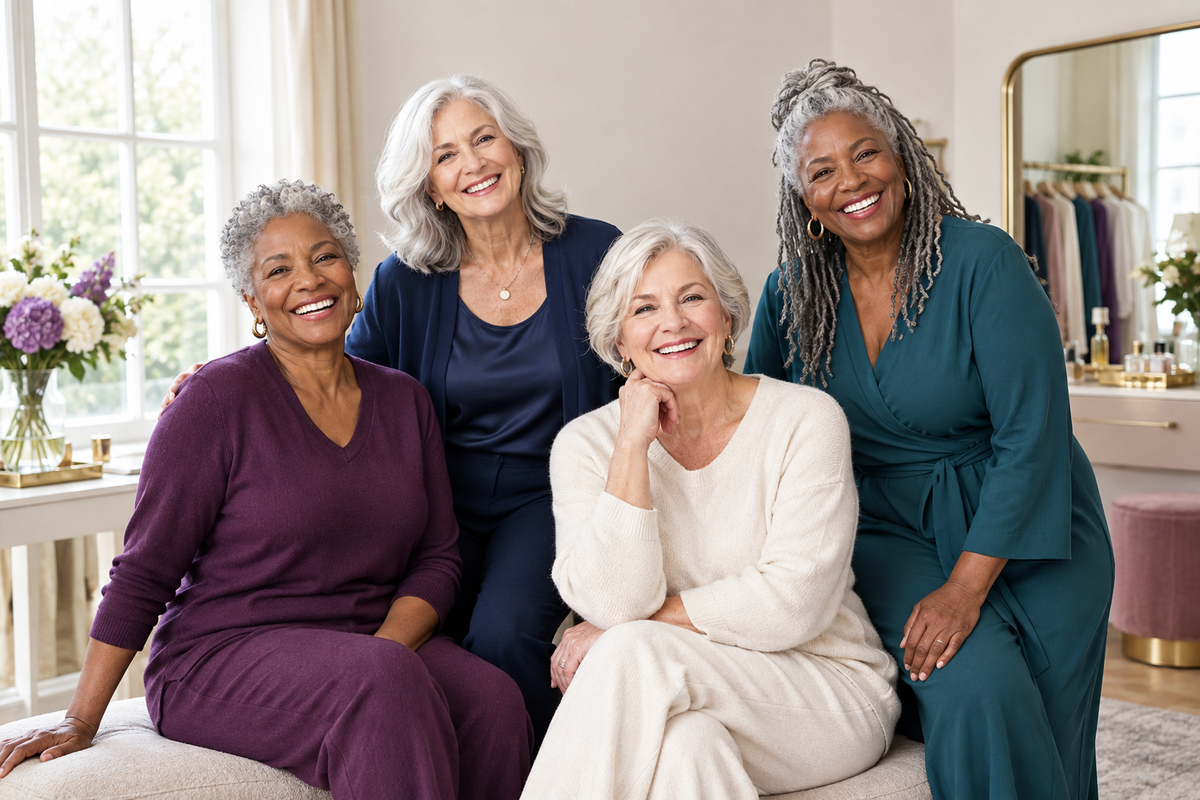 Four smiling mature women, two Black and two white, wearing stylish outfits in a bright dressing room.