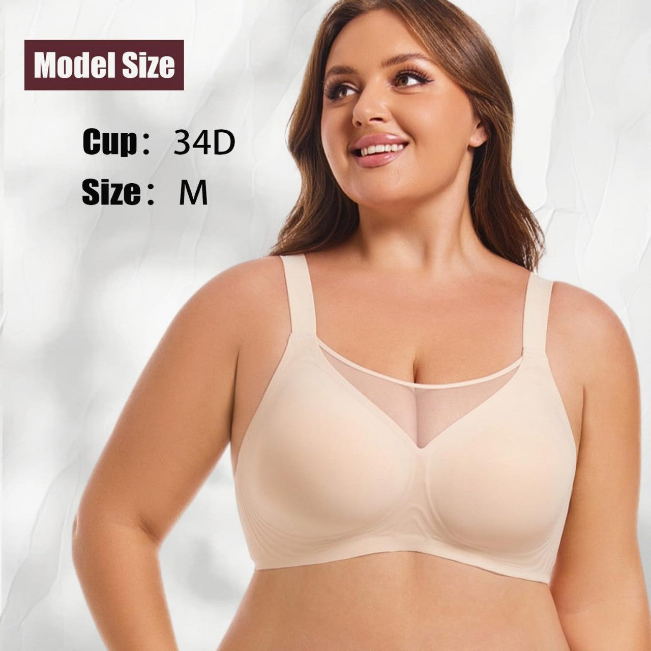 Seamless wireless minimizer bra by Fashion Couture with full bust support and all-day comfort, shown on a model.