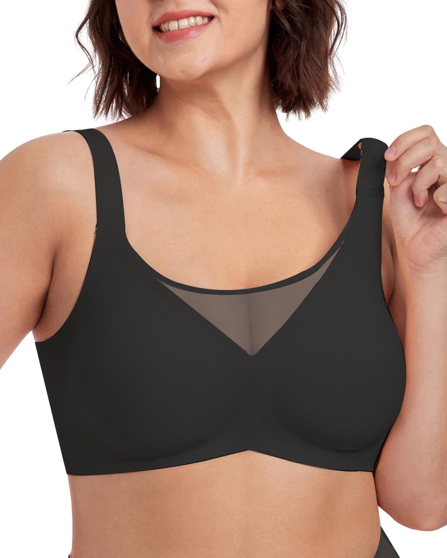 Seamless wireless minimizer bra from Fashion Couture, full bust support, smooth shapewear for all-day comfort, shown on a model.