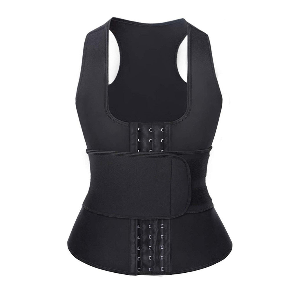Fashion Couture waist trainer vest with adjustable belt, sweat-wicking shapewear for workout and body shaping.