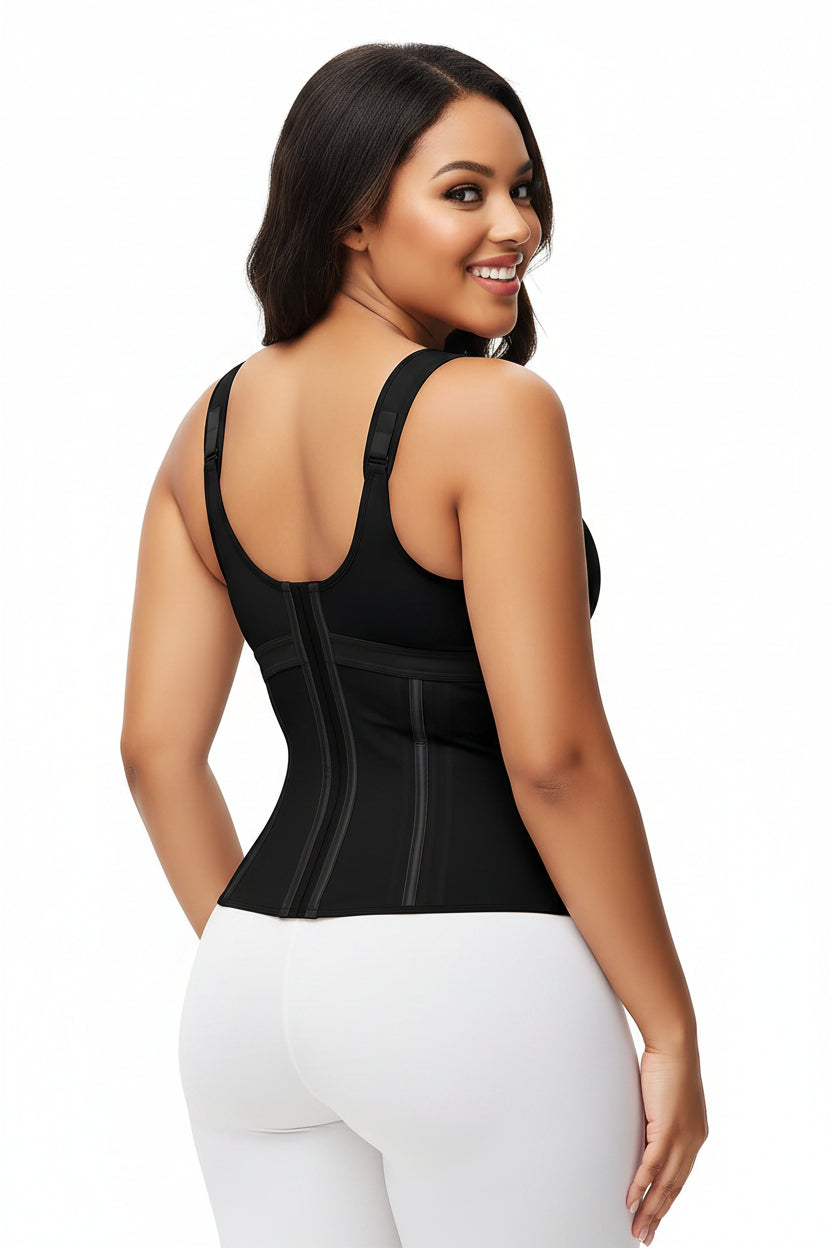 Mesh breathable shaping bra vest from Fashion Couture with steel bones, providing waist and bust support for a smooth silhouette.