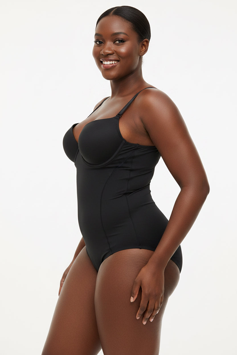 Fashion Couture seamless shapewear bodysuit with built-in bra, tummy control, and butt lift for smooth, flattering silhouette.