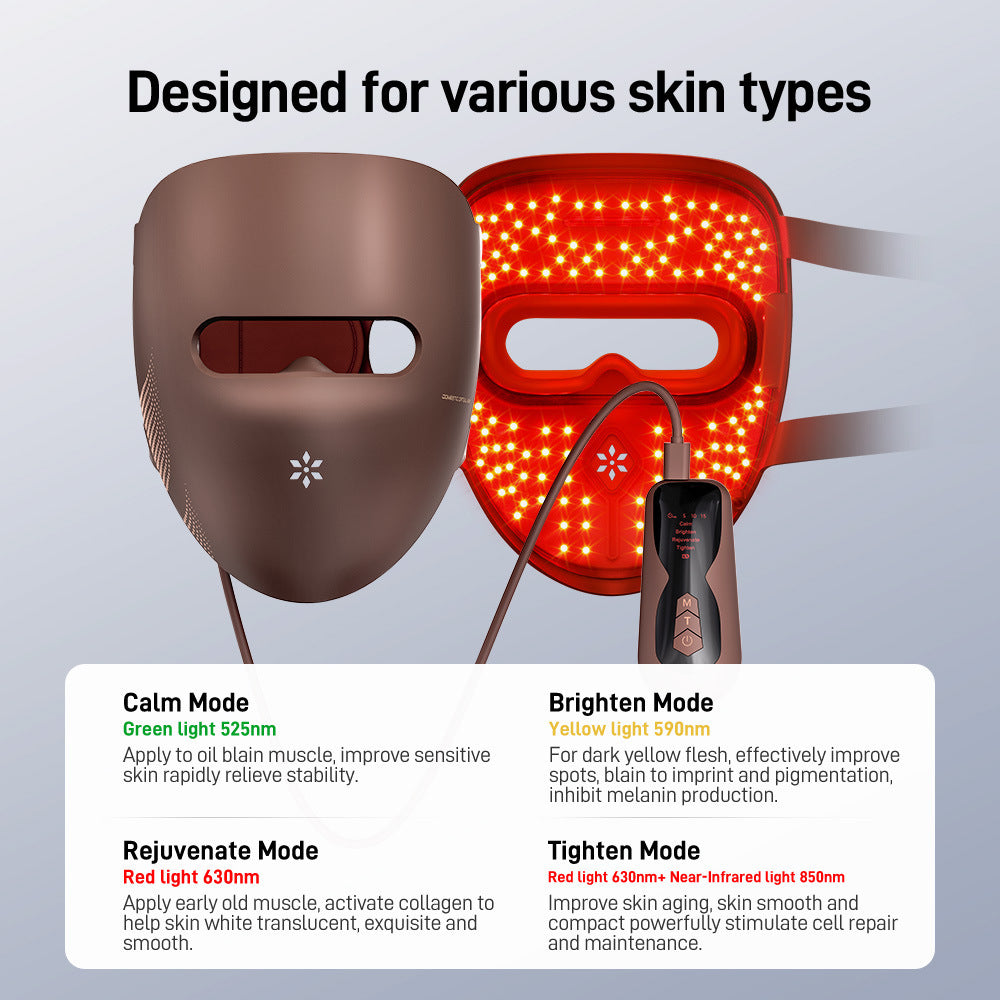 Fashion Couture LED face mask with red and blue light therapy for skin rejuvenation and at-home wellness treatment.