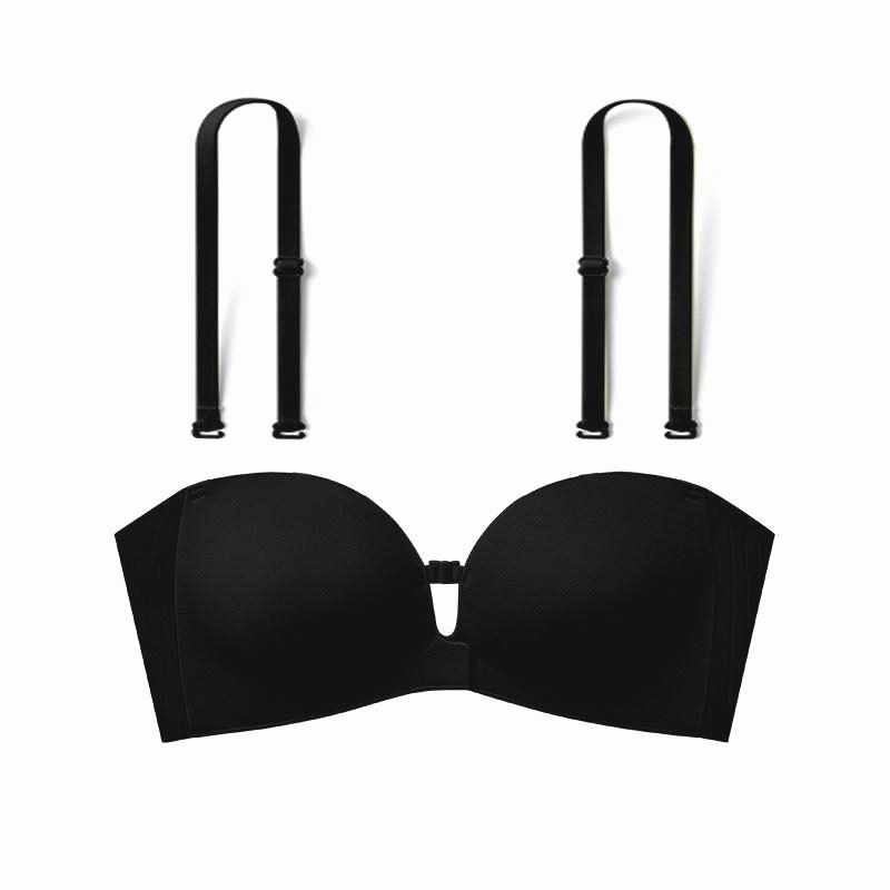 Black bra with attached straps on a white background