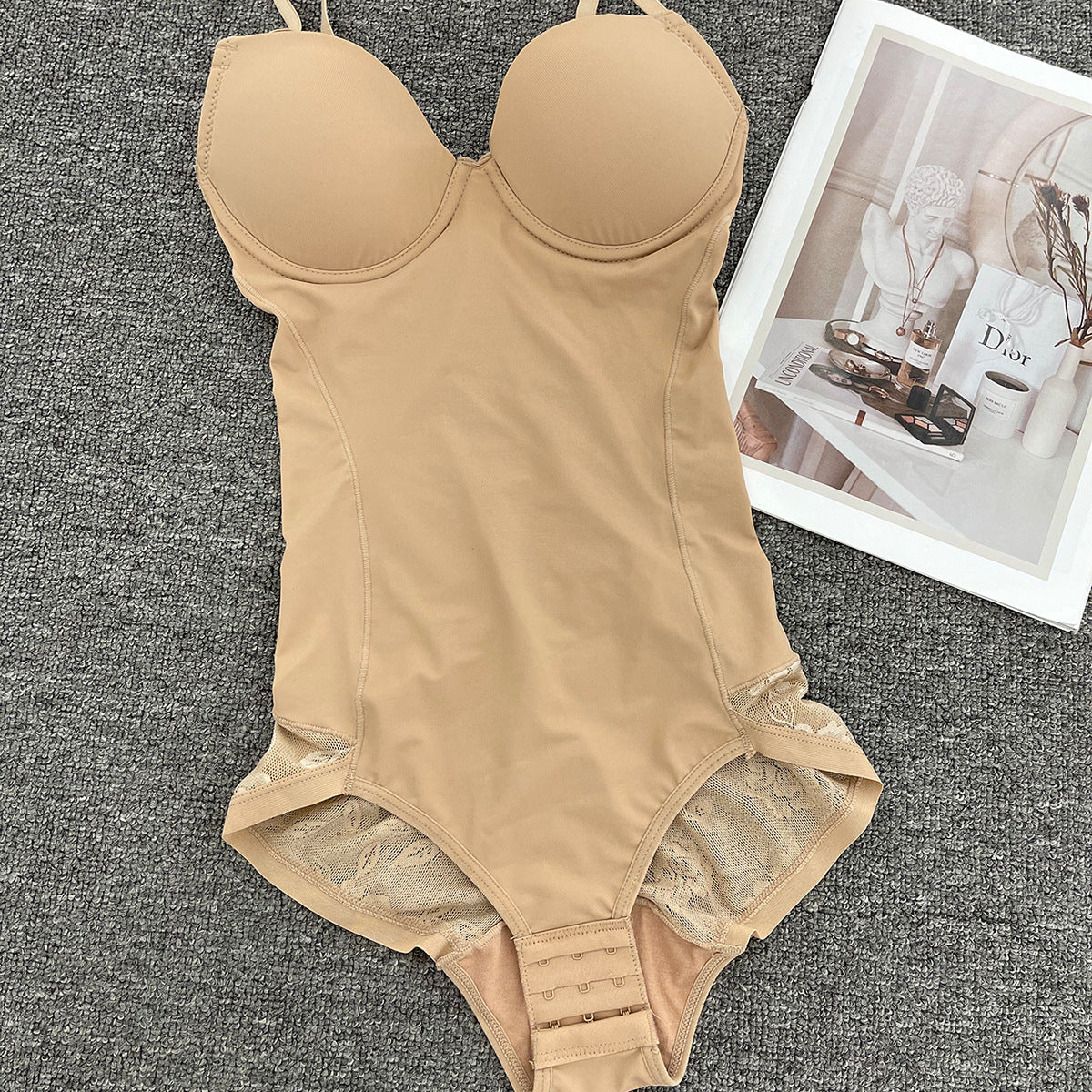Fashion Couture seamless shapewear bodysuit with built-in bra, tummy control, and butt lift, shown on a model.
