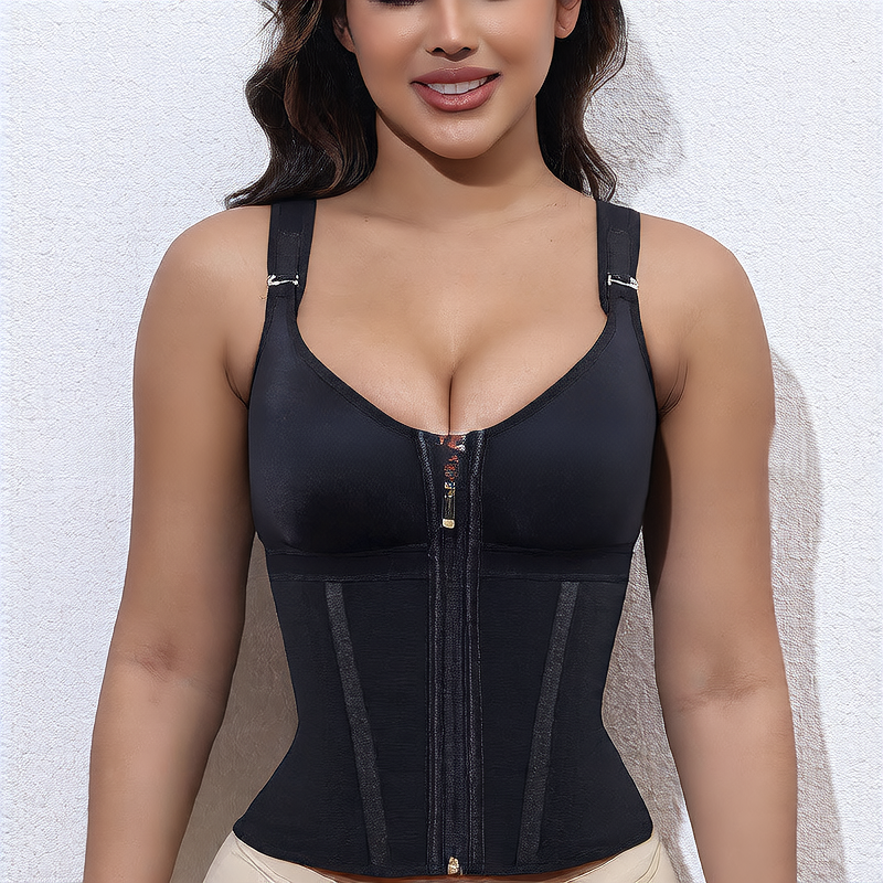 Fashion Couture waist cincher shapewear bodysuit with tummy control, butt lift design, crotch zip, and smooth silhouette.