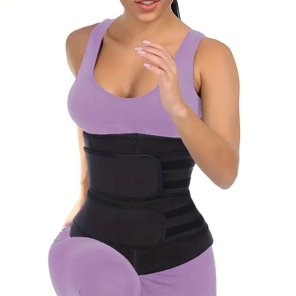 Fashion Couture waist trainer abdominal binder shapewear with double belts for postpartum compression and tummy control.