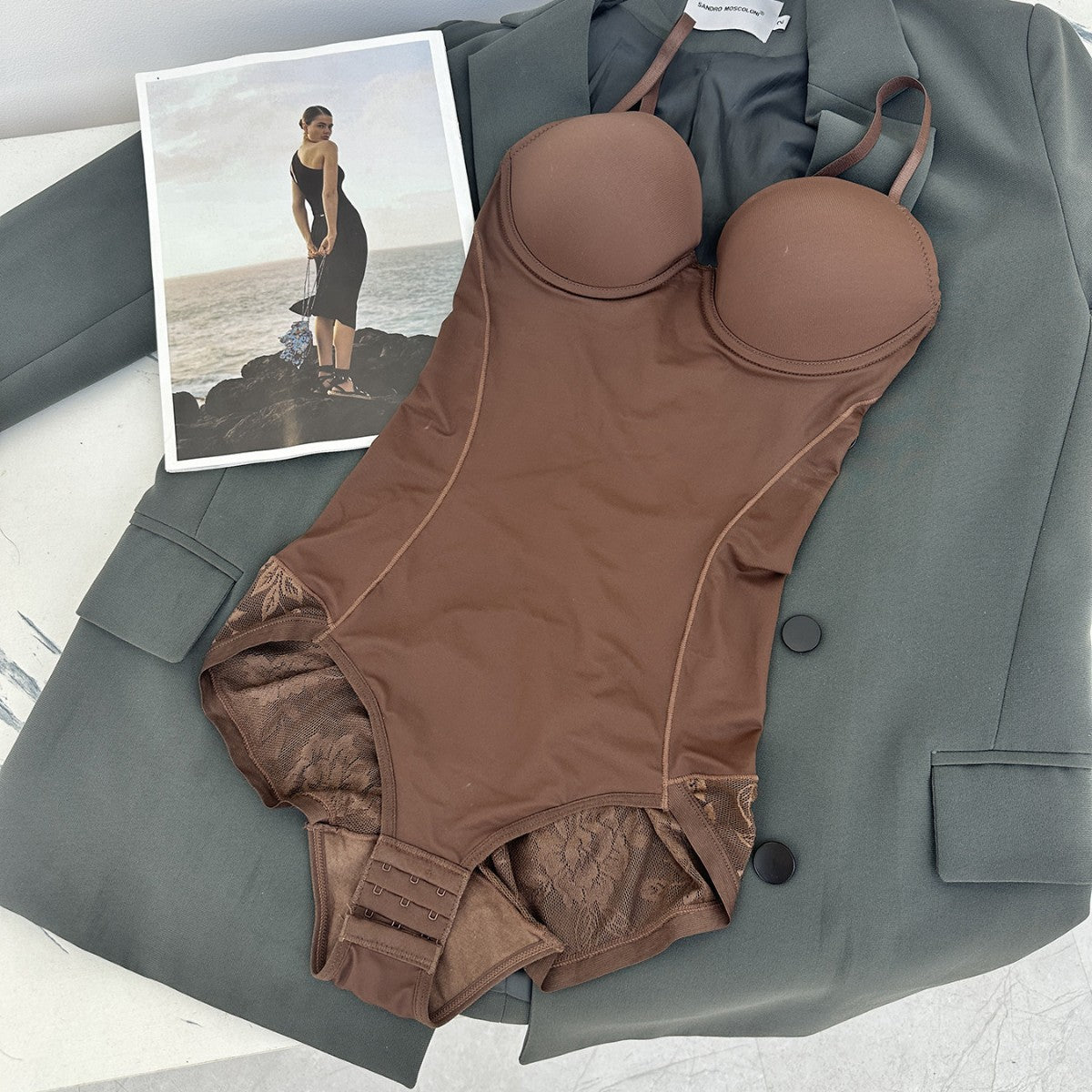 Fashion Couture seamless shapewear bodysuit with built-in bra, tummy control, and butt lift for a smooth, flattering silhouette.