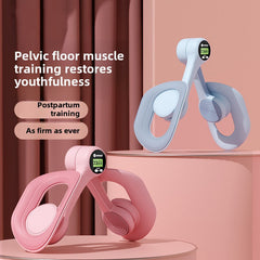 Pink and gray pelvic floor muscle training devices on a pink background with text about their benefits.