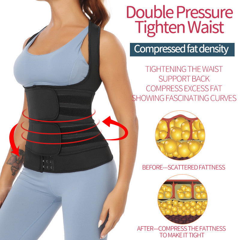Fashion Couture waist trainer vest with adjustable belt, sweat-wicking shapewear for workout and body shaping.