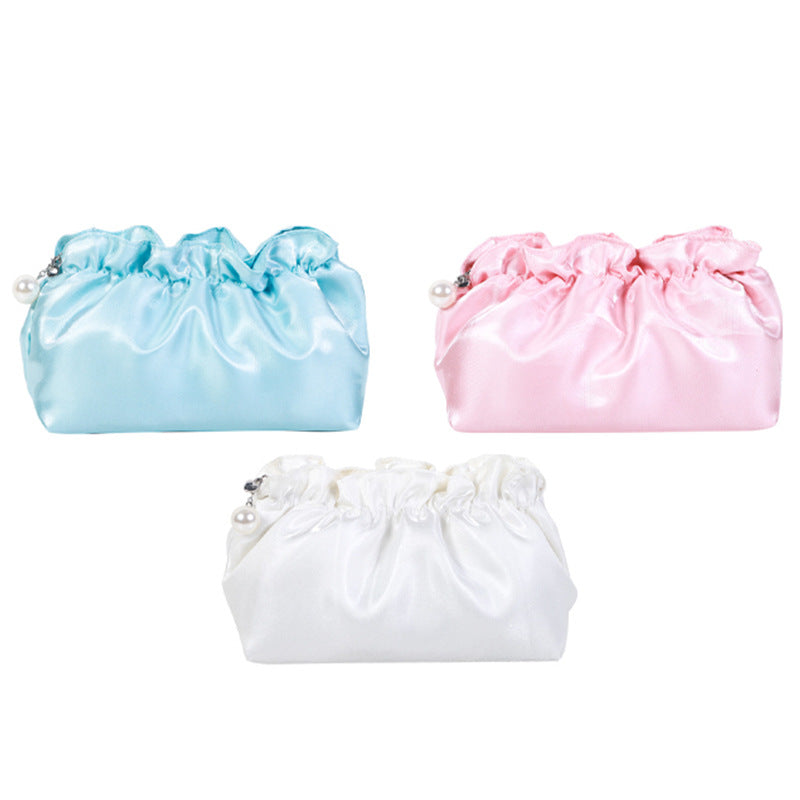 Satin Ruffled Cosmetic Bag – Compact Travel Makeup Pouch | 11 Colours, Zip Closure