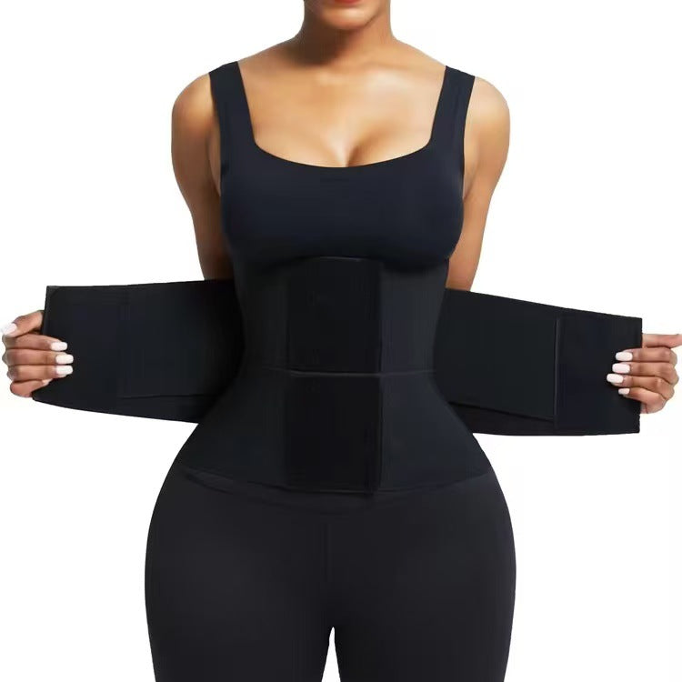 Elastic waist support belt for women from Fashion Couture, shown wrapped around a woman's waist in wellness and fitness setting.
