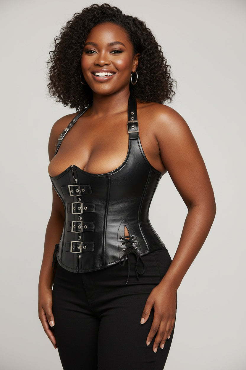 Steel boned gothic steampunk corset by Fashion Couture, black PU leather waist cincher with intricate steampunk details.