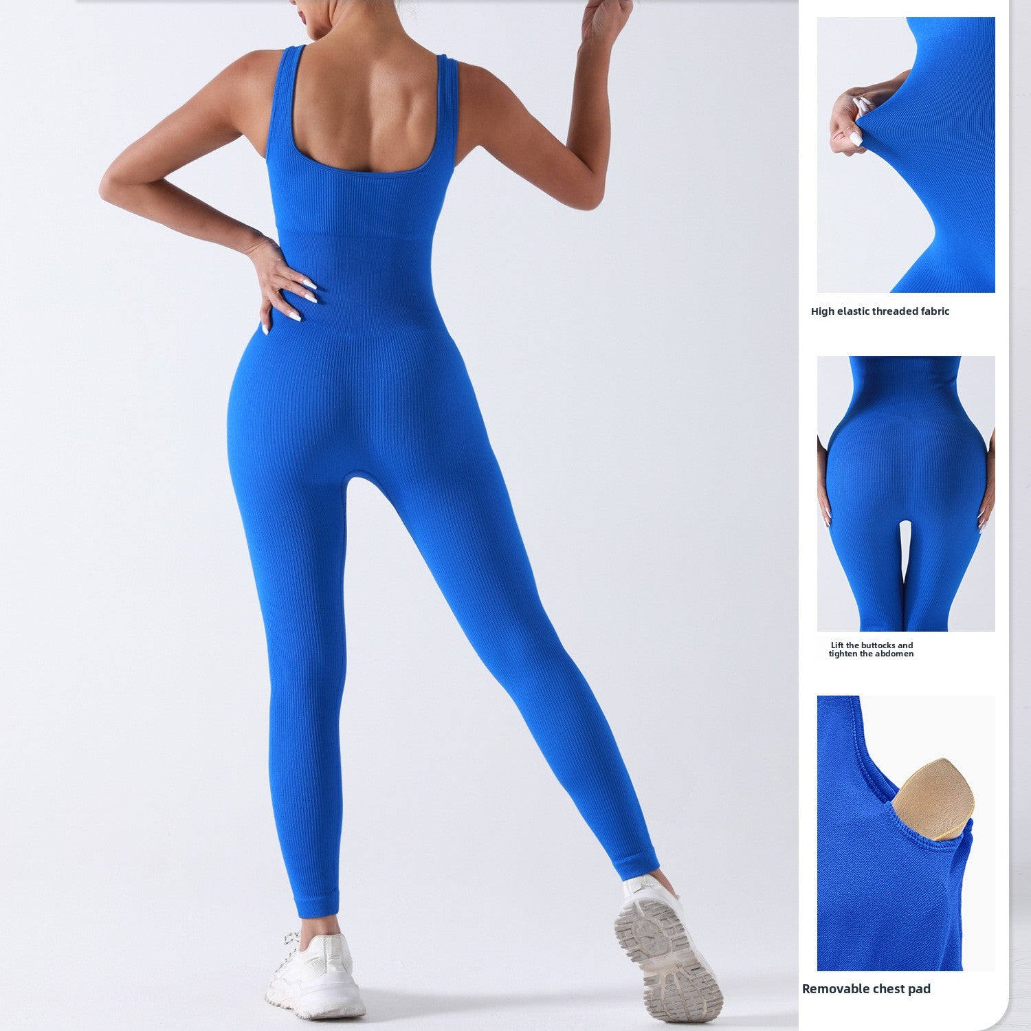 Fashion Couture seamless yoga jumpsuit, moisture-wicking activewear one-piece workout suit shown in a sleek, form-fitting design.