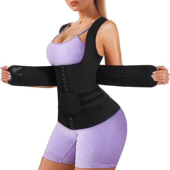 Fashion Couture waist trainer vest with adjustable belt, sweat-wicking shapewear for workout shaping and tummy control.