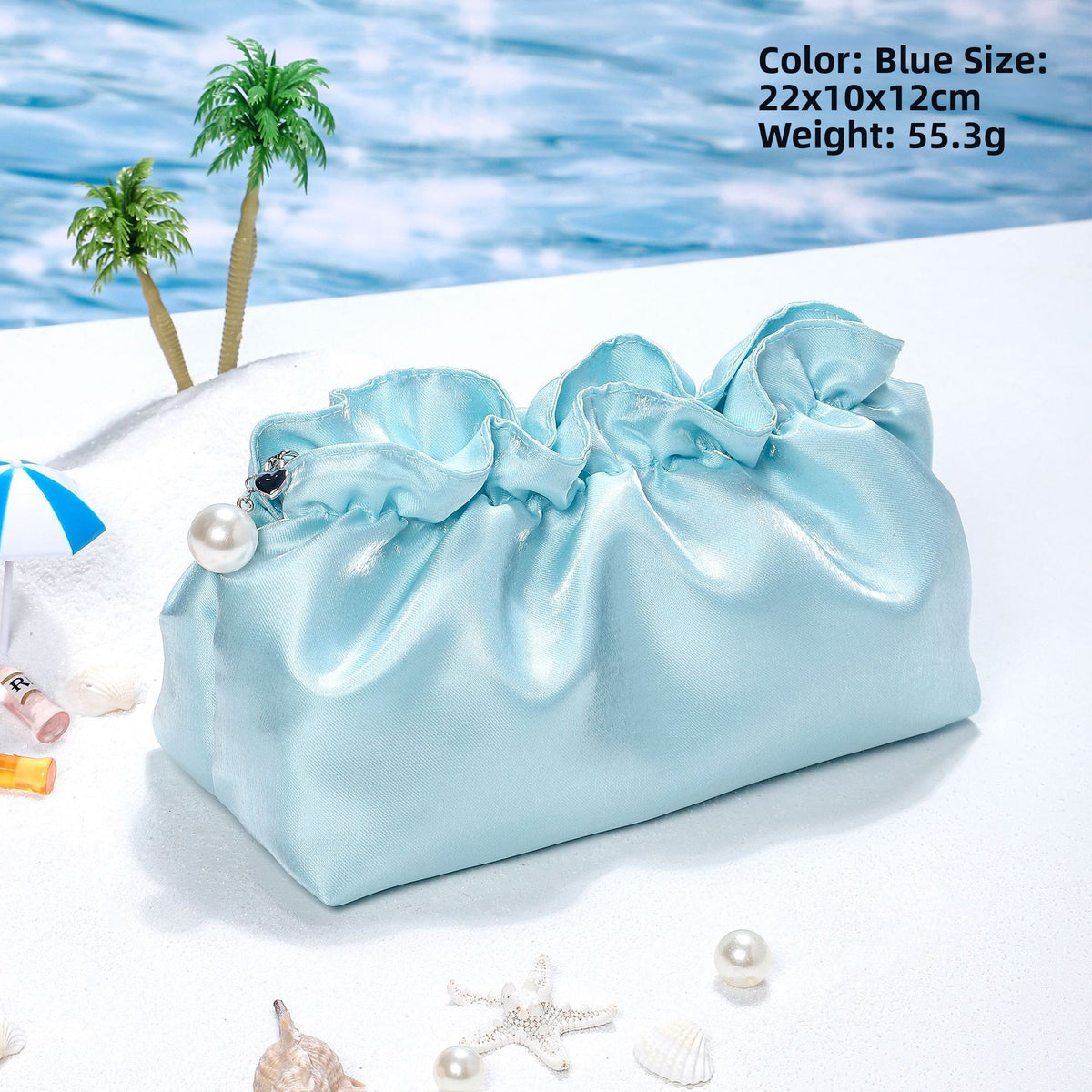 Satin Ruffled Cosmetic Bag – Compact Travel Makeup Pouch | 11 Colours, Zip Closure