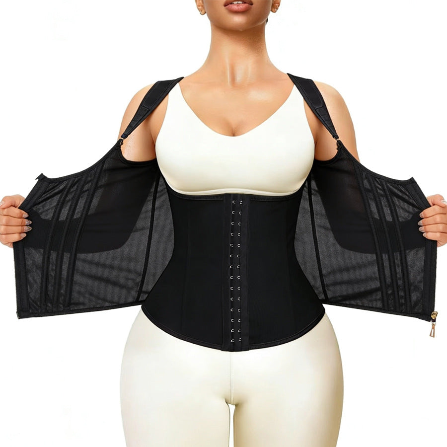 Fashion Couture mesh steel boned corset with firm waist cinching and breathable design for body shaping and waist support.