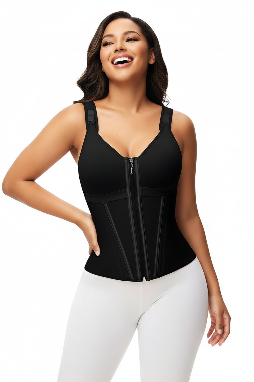 Fashion Couture mesh breathable shaping bra vest with steel bones, waist and bust support, designed for slimming and comfort.