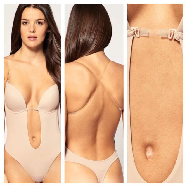 Woman wearing a beige shapewear bodysuit with close-up details on a plain background