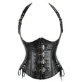 Gothic steampunk steel boned PU leather corset waist cincher, shapewear with detailed metal accents and gothic design elements.