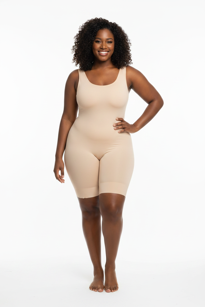 Fashion Couture body sculpting shapewear suit with abdominal support and butt lift design, shown in a sleek black fabric.