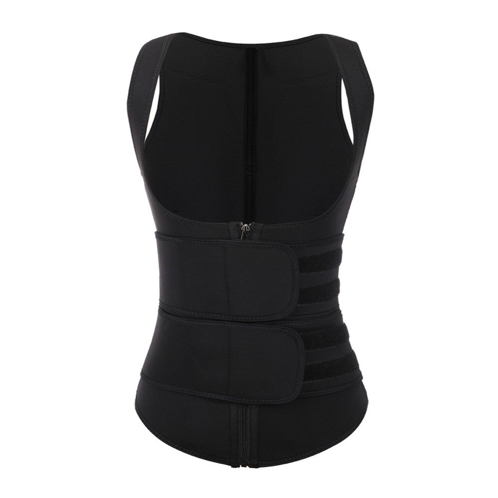 Fashion Couture waist trainer vest with adjustable belt, sweat-wicking workout shapewear for shaping and support during exercise.
