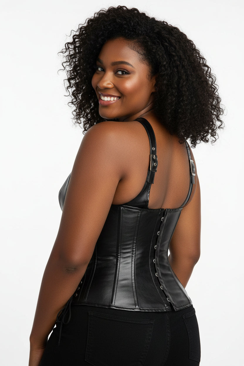 Gothic steampunk corset by Fashion Couture, steel boned PU leather waist cincher with intricate gothic and steampunk design details.