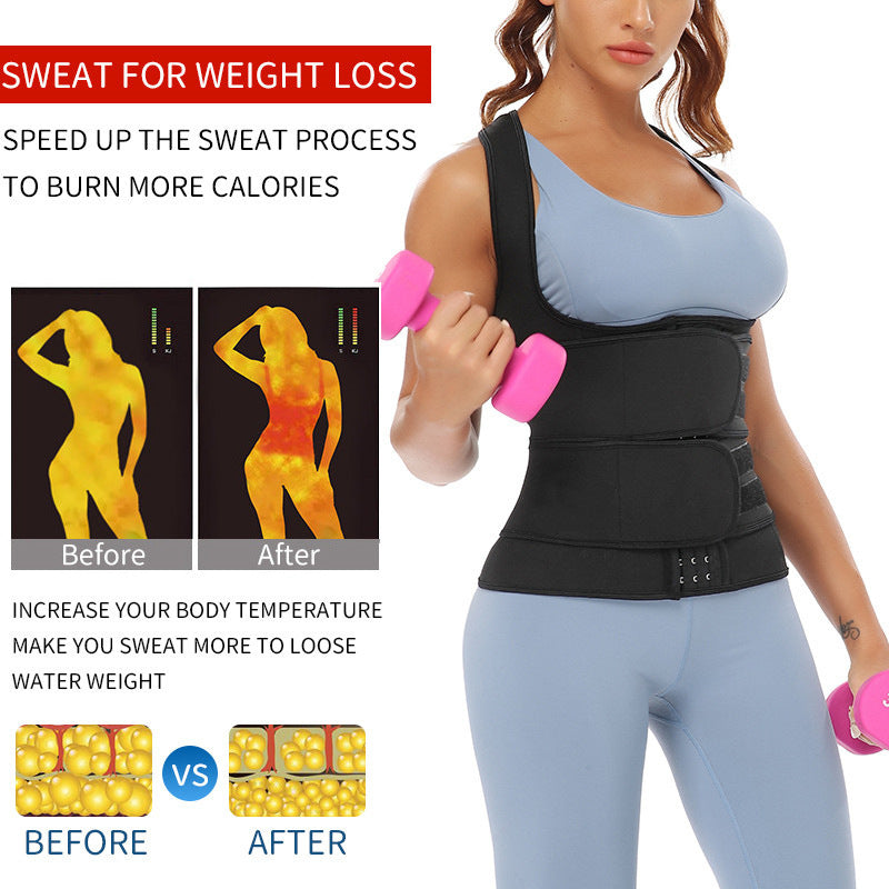 Fashion Couture waist trainer vest with adjustable belt, sweat-wicking shapewear designed to shape and support during workouts.