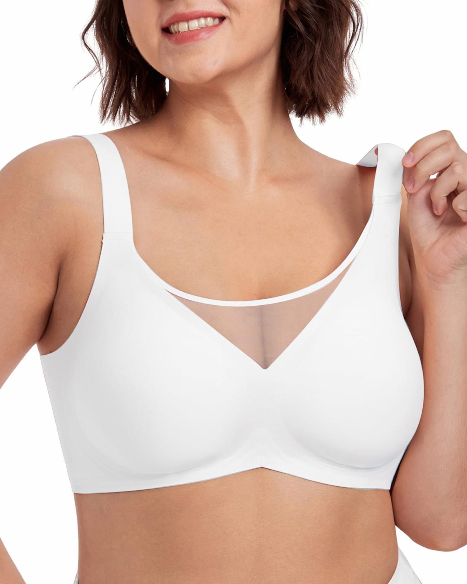 Seamless wireless minimizer bra by Fashion Couture, full bust support, smooth shapewear for all-day comfort, shown on a model.