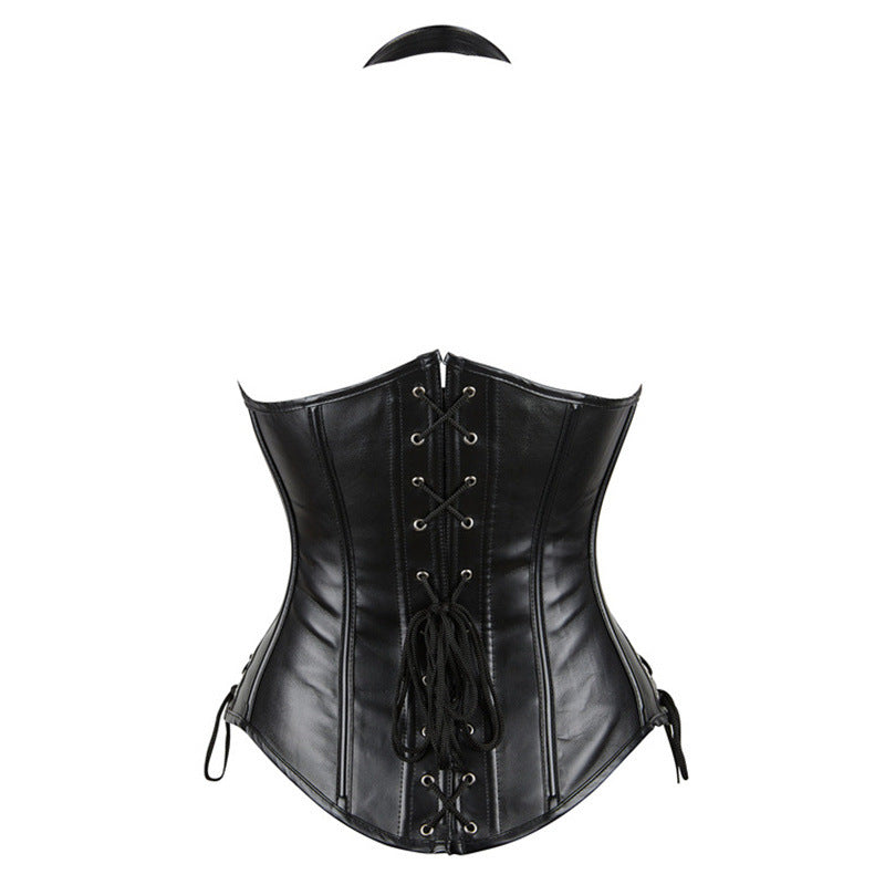 Gothic steampunk corset by Fashion Couture featuring steel bones and PU leather, designed as shapewear for a dramatic waist cincher look.