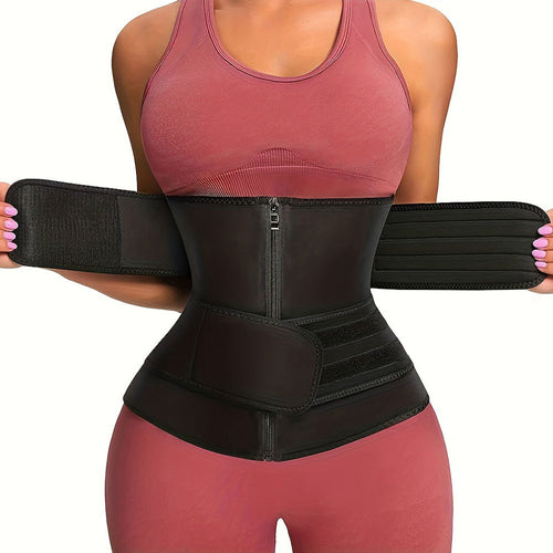 Fashion Couture waist trainer abdominal binder with double belt for postpartum compression and shapewear support.