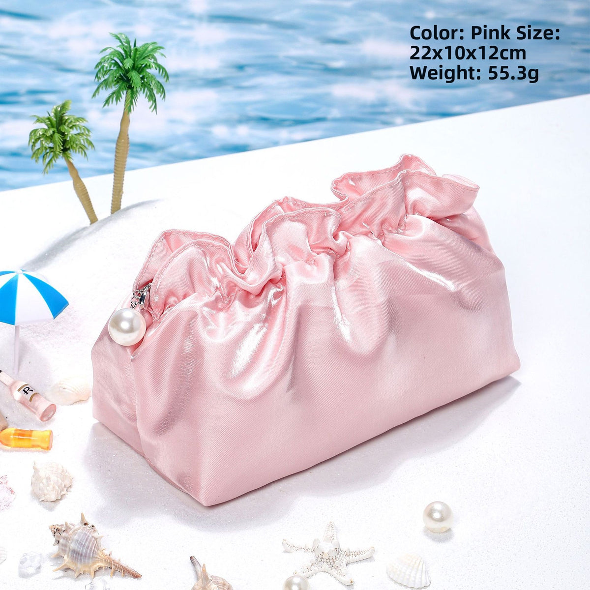 Satin Ruffled Cosmetic Bag – Compact Travel Makeup Pouch | 11 Colours, Zip Closure