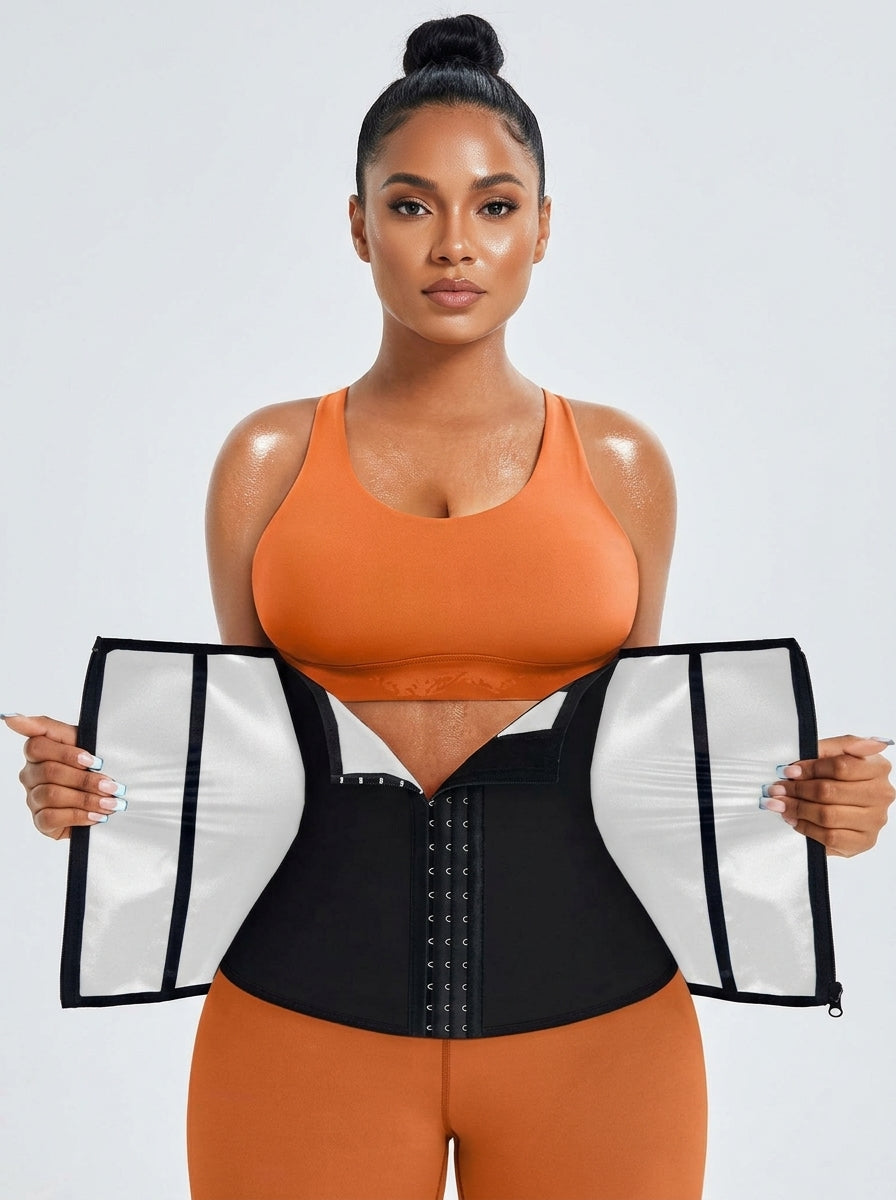 Model wearing Fashion Couture neoprene waist trainer sweat belt for workouts, shaping the waist and providing support during exercise.