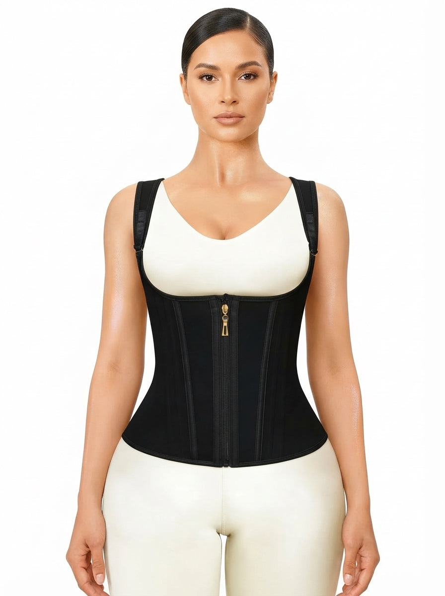 Model wearing black steel boned mesh corset for waist cinching by Fashion Couture, showcasing a fitted silhouette and waist enhancement.