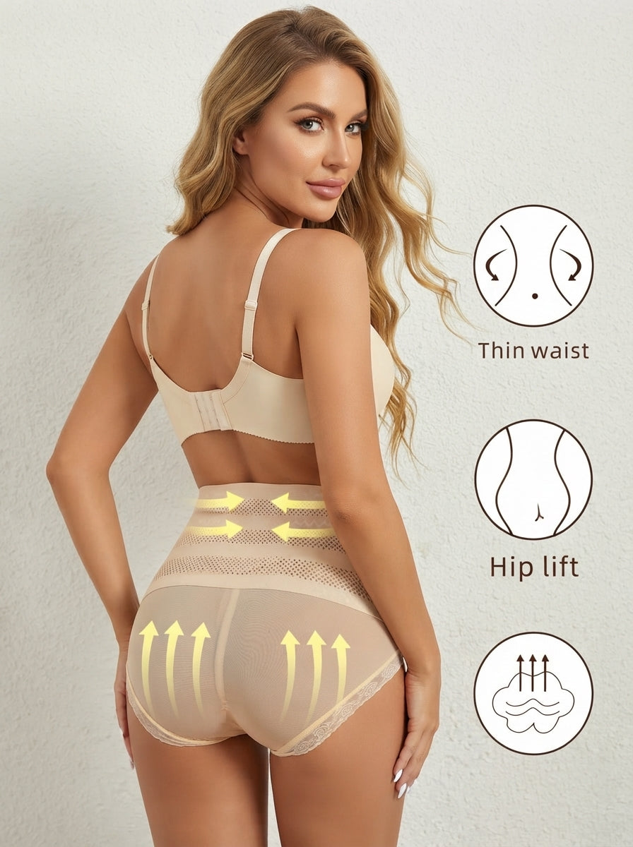 Model wearing black high waist shapewear knickers with firm tummy control, from Fashion Couture, in size M–XXL.