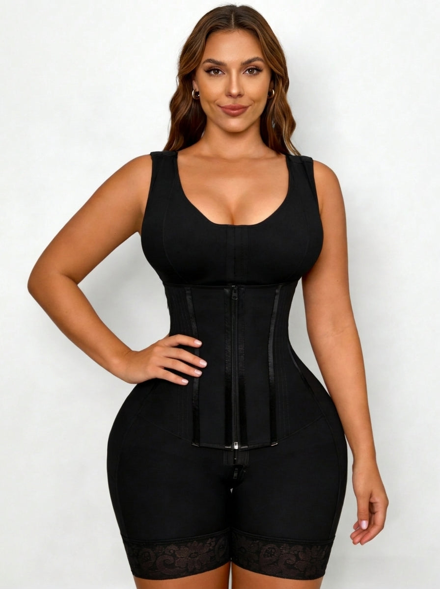 Fashion Couture Colombian-style faja bodysuit for women with firm tummy control, butt lifting, and thigh slimming, modeled full face.