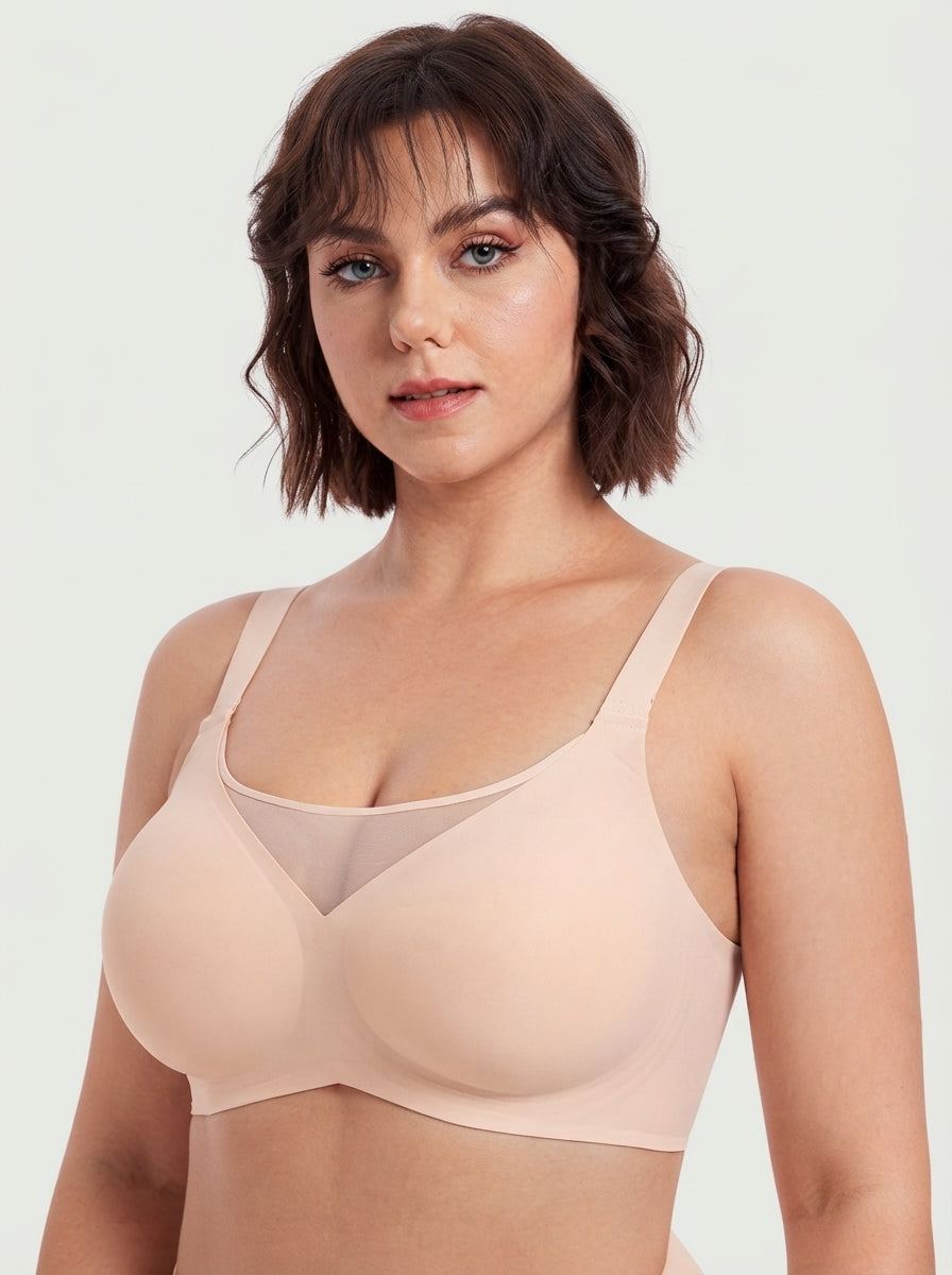 Model wearing Fashion Couture seamless wireless minimiser bra for fuller busts, showcasing comfortable shapewear for sizes S to 3XL.