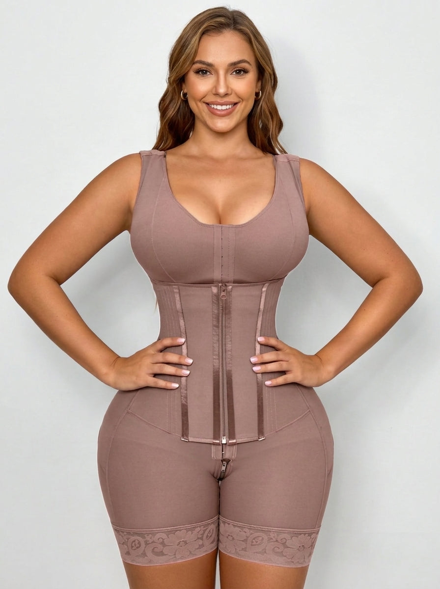 Model wearing Fashion Couture Colombian-style faja bodysuit with firm tummy control, butt lifting, and thigh slimming shapewear.