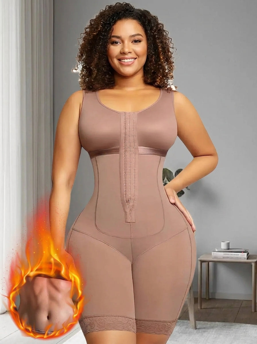 Woman wearing Fashion Couture postpartum shapewear full-body girdle with firm compression for waist sculpting and tummy control.