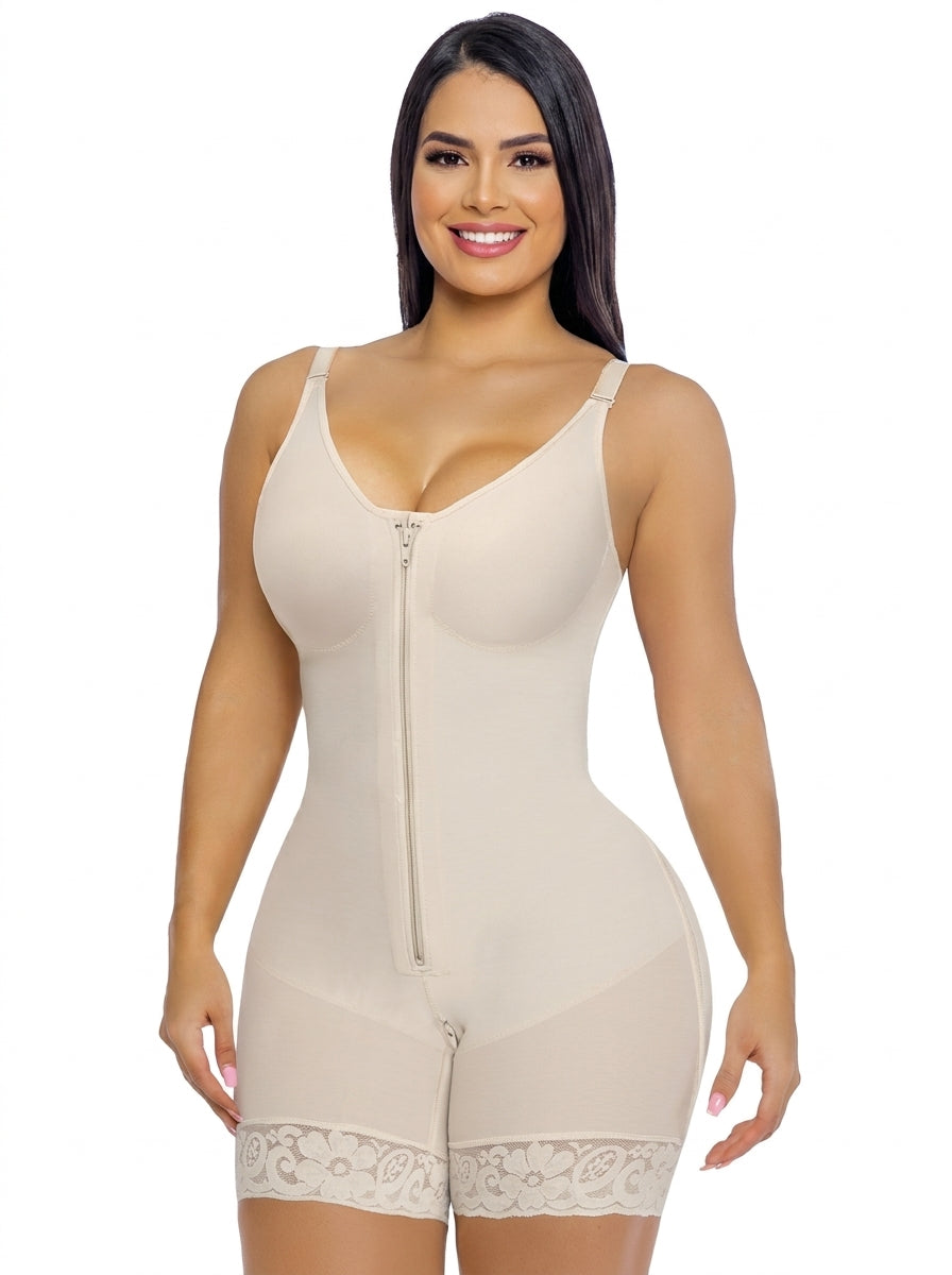 Fashion Couture women's tummy control shapewear bodysuit with crotch zip and butt lift, shown on smiling model.
