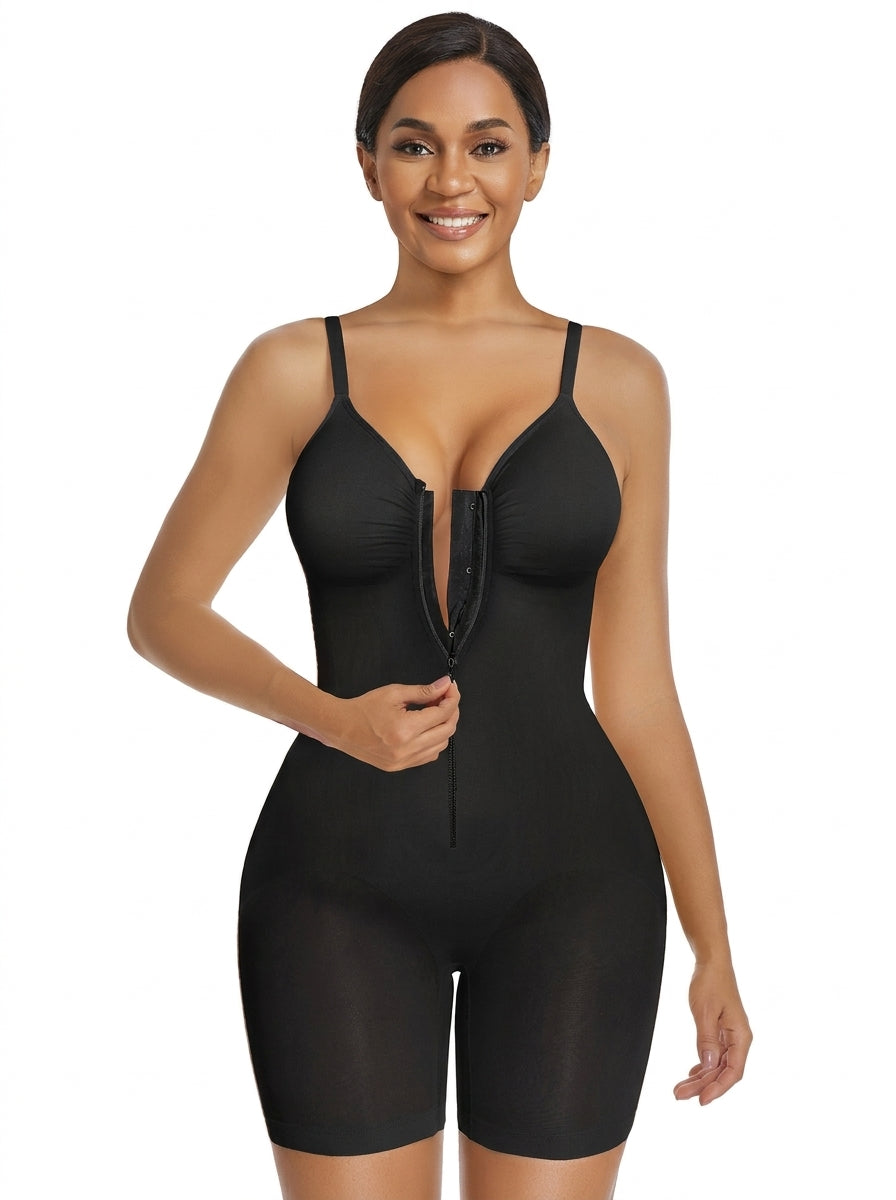 Fashion Couture seamless sculpting bodysuit for women with firm tummy control, shown on a smiling model.