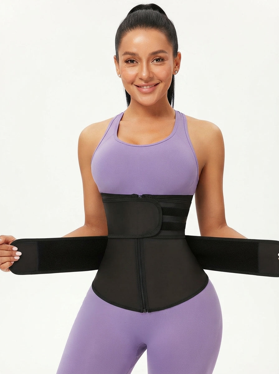 Model wearing Fashion Couture postpartum abdominal binder with double-belt compression in size S to 6XL, providing support and shaping.