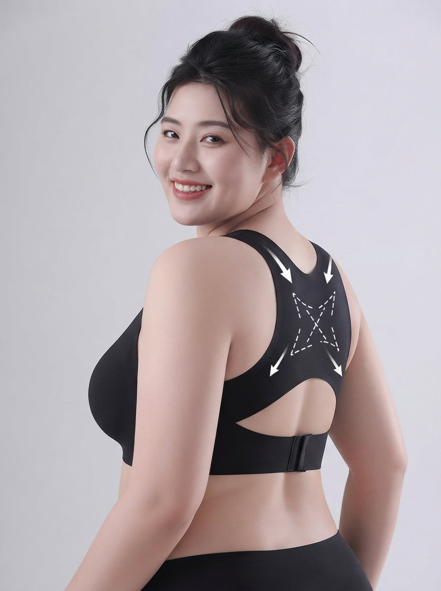 Fashion Couture seamless sports bra with ABCD cups, back support, and posture correction for sagging prevention, size S–XL.